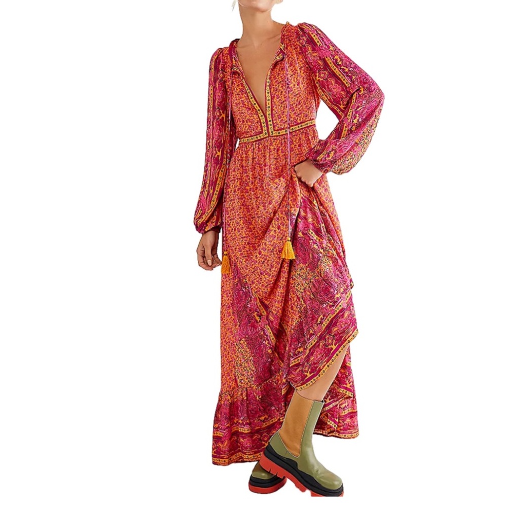 FREE PEOPLE-Long Sleeve Floral Print Big Swing Retro V Neck Bohemian dress